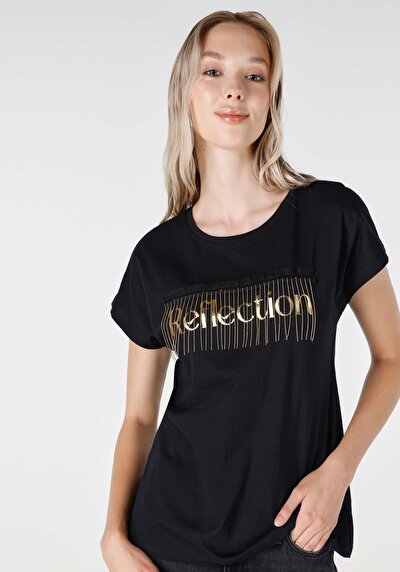 صورة من عادي مقاس رقبة مستديرة نسائي أسود كم قصير تي شيرت