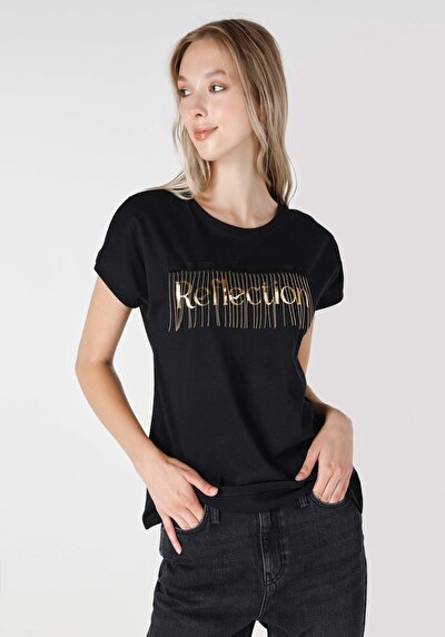 اعرض التفاصيل لـ عادي مقاس رقبة مستديرة نسائي أسود كم قصير تي شيرت