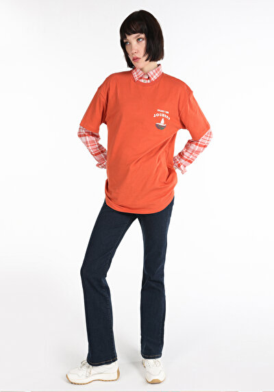 صورة من رقبة مستديرة نسائي برتقالي كم قصير تي شيرت