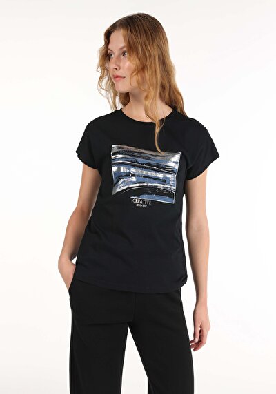 صورة من عادي مقاس رقبة مستديرة نسائي أسود كم قصير تي شيرت