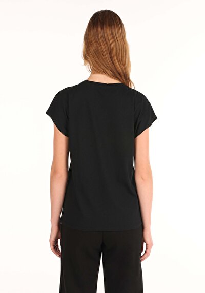 صورة من عادي مقاس رقبة مستديرة نسائي أسود كم قصير تي شيرت