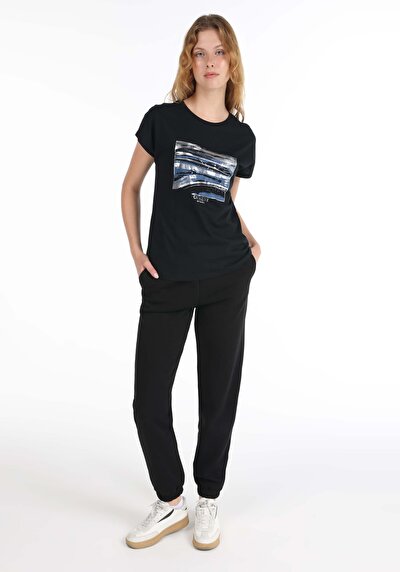 صورة من عادي مقاس رقبة مستديرة نسائي أسود كم قصير تي شيرت