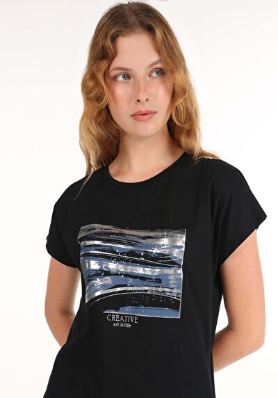 اعرض التفاصيل لـ عادي مقاس رقبة مستديرة نسائي أسود كم قصير تي شيرت