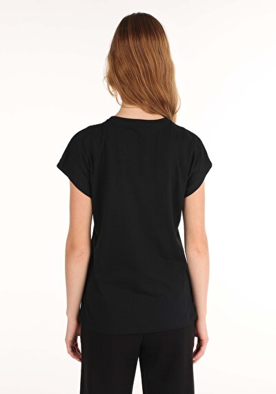 اعرض التفاصيل لـ أسود للنساء تي شيرت بأكمام قصيرة