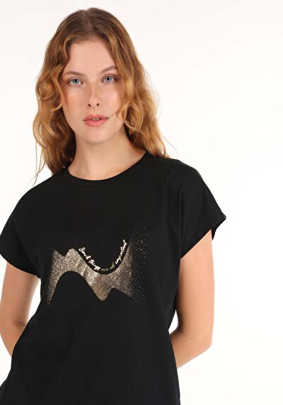 اعرض التفاصيل لـ أسود للنساء تي شيرت بأكمام قصيرة