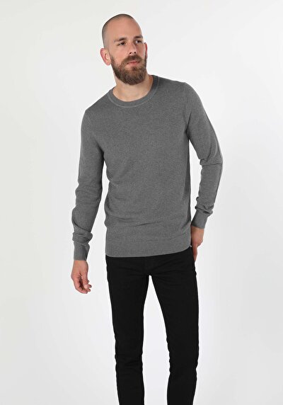 صورة من   رقبة مستديرة جاكار سترة رجالية رمادية