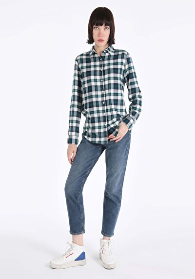 صورة من قميص عادي رقبة منقوشة نسائي أخضر كم طويل قميص