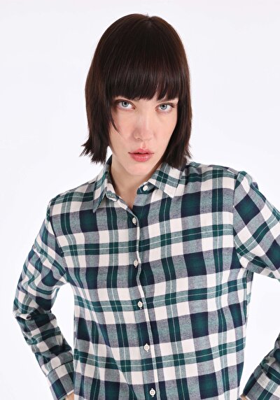 اعرض التفاصيل لـ قميص عادي رقبة منقوشة نسائي أخضر كم طويل قميص