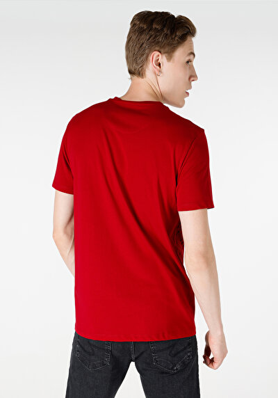 صورة من رقبة مستديرة رجالي أحمر كم قصير تي شيرت