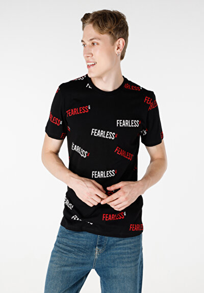 صورة من عادي قصة رقبة مستديرة رجالي أسود كم قصير تي شيرت