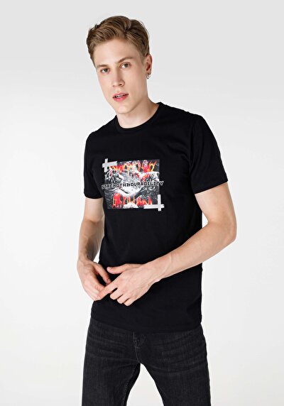 صورة من عادي قصة رقبة مستديرة رجالي أسود كم قصير تي شيرت