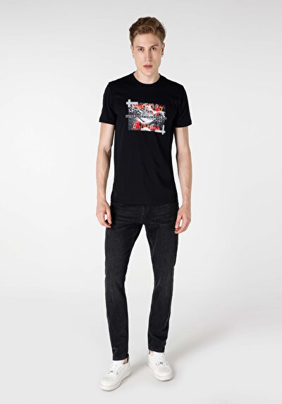 صورة من عادي قصة رقبة مستديرة رجالي أسود كم قصير تي شيرت