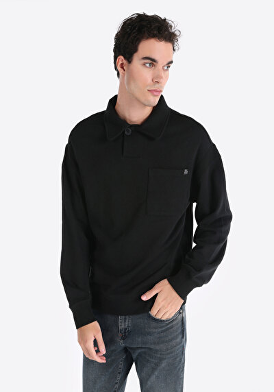 صورة من كومفورت فيت بولو الرقبة مستقيم رجالي أسود كم طويل تي شيرت