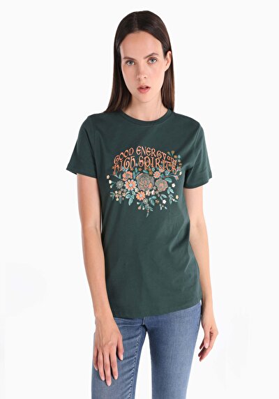 صورة من ضيق رقبة مستديرة نسائي أخضر كم قصير تي شيرت