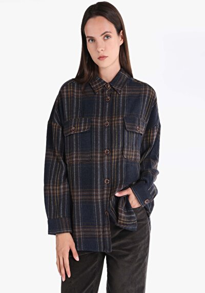 صورة من قميص مريح رقبة منقوشة نسائي أزرق كحلي كم طويل قميص