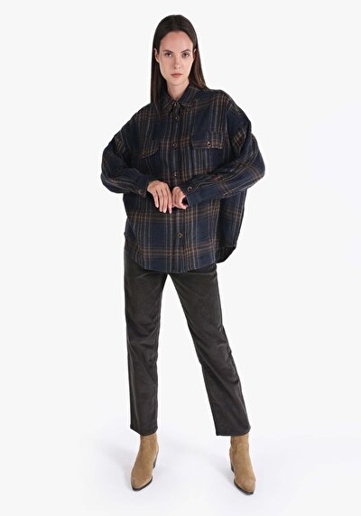 صورة من قميص مريح رقبة منقوشة نسائي أزرق كحلي كم طويل قميص