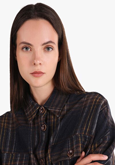 اعرض التفاصيل لـ قميص مريح رقبة منقوشة نسائي أزرق كحلي كم طويل قميص