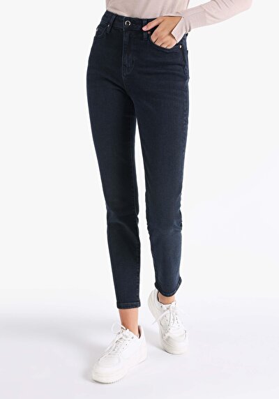 صورة من نحيف الخصر مستقيم الساق النسائية جينز نيلي غامق