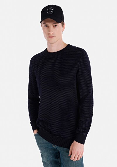 صورة من   رقبة مستديرة جاكار رجالي كنزة زرقاء داكنة