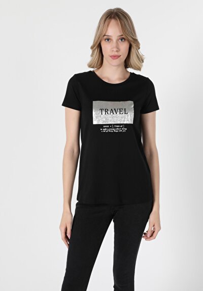 اعرض التفاصيل لـ أسود للنساء تي شيرت بأكمام قصيرة