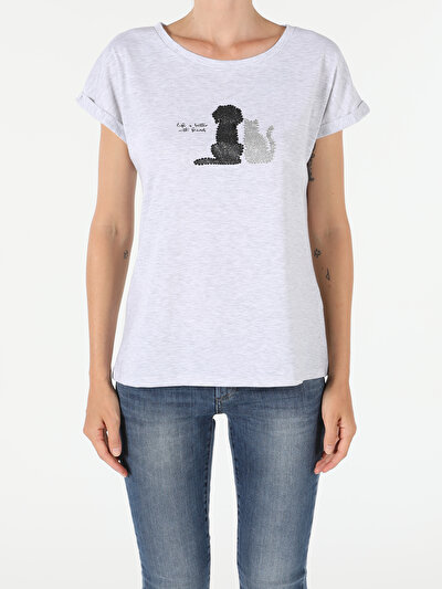 اعرض التفاصيل لـ رمادي للنساء تي شيرت بأكمام قصيرة