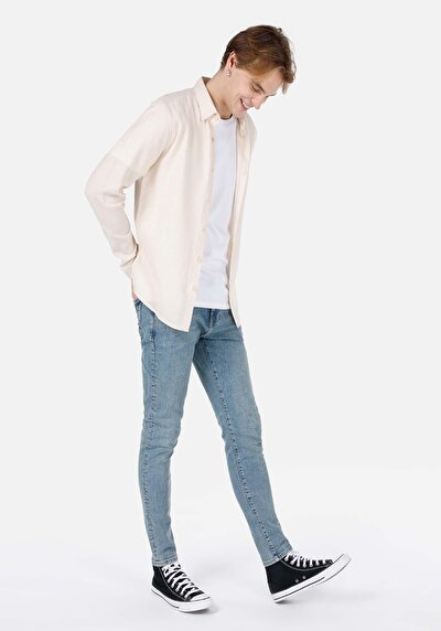 اعرض التفاصيل لـ قميص ضيق رقبة مستقيم قميص رجالي بيج كم طويل