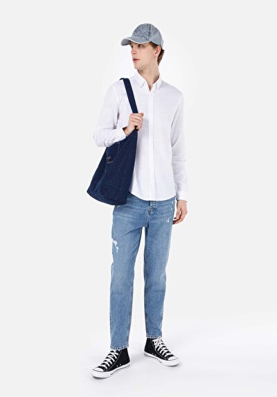 اعرض التفاصيل لـ قميص نحيف رقبة مستقيم قميص أبيض بأكمام طويلة للرجال