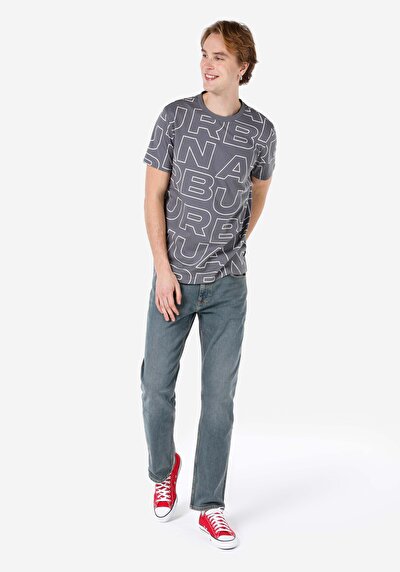 اعرض التفاصيل لـ   طوق دائري مطبوع رجالي أنثراسايت قصيرة الأكمام تي شيرت