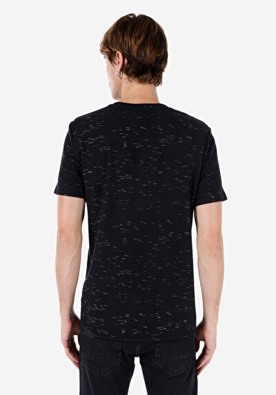 صورة من عادي مقاس رقبة مستديرة مستقيم رجالي أسود كم قصير تي شيرت