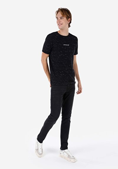 صورة من عادي مقاس رقبة مستديرة مستقيم رجالي أسود كم قصير تي شيرت