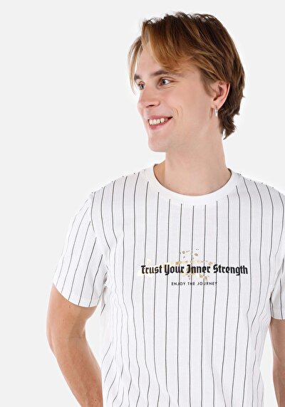 صورة من رقبة مستديرة مخطط للرجال أبيض بأكمام قصيرة تي شيرت