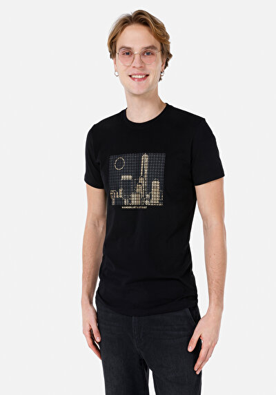 صورة من ضيق قصة رقبة مستديرة مستقيم رجالي أسود كم قصير تي شيرت