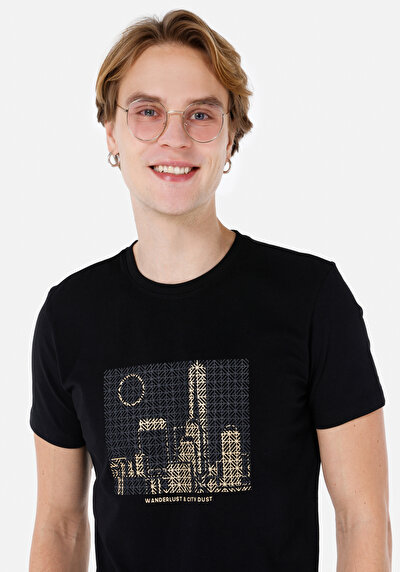 صورة من ضيق قصة رقبة مستديرة مستقيم رجالي أسود كم قصير تي شيرت