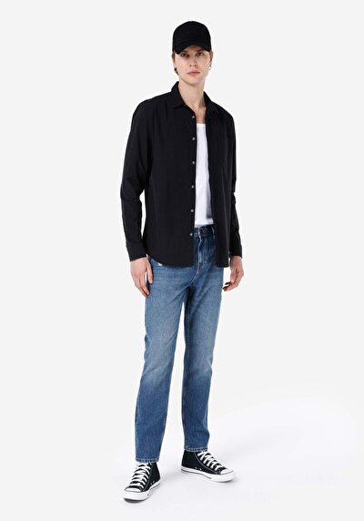 اعرض التفاصيل لـ قميص عادي رقبة مستقيم رجالي أسود كم طويل قميص