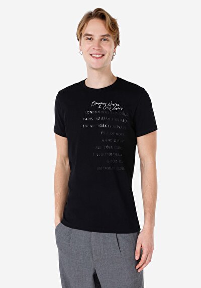 صورة من ضيق  رقبة مستديرة رجالي أسود كم قصير تي شيرت