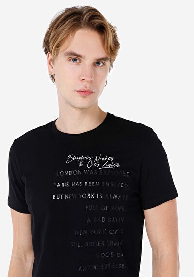 صورة من ضيق رقبة مستديرة رجالي أسود كم قصير تي شيرت