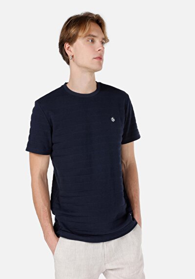 صورة من رقبة مستديرة جاكار رجالي أزرق كحلي كم قصير تي شيرت