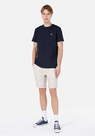 صورة من رقبة مستديرة جاكار رجالي أزرق كحلي كم قصير تي شيرت