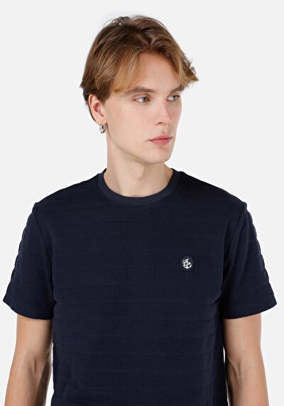 صورة من رقبة مستديرة جاكار رجالي أزرق كحلي كم قصير تي شيرت