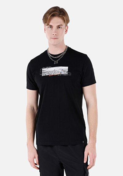 صورة من عادي مقاس رقبة مستديرة مستقيم رجالي أسود كم قصير تي شيرت