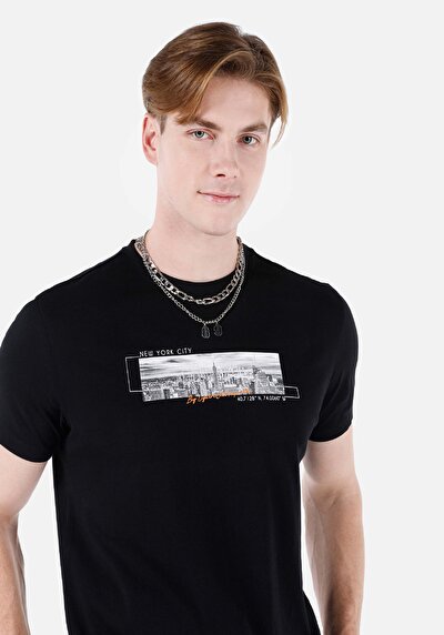 اعرض التفاصيل لـ عادي مقاس رقبة مستديرة مستقيم رجالي أسود كم قصير تي شيرت