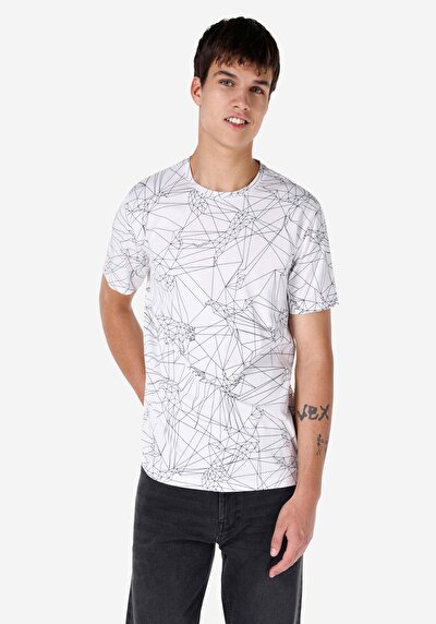 صورة من   رقبة مستديرة مطبوعة للرجال أبيض بأكمام قصيرة تي شيرت