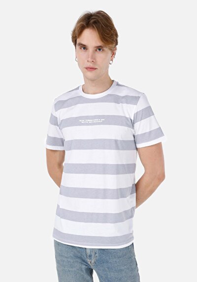 صورة من   رقبة مستديرة مخطط رجالي رمادي كم قصير تي شيرت