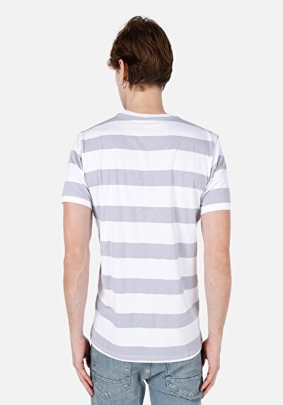 اعرض التفاصيل لـ   رقبة مستديرة مخطط رجالي رمادي كم قصير تي شيرت