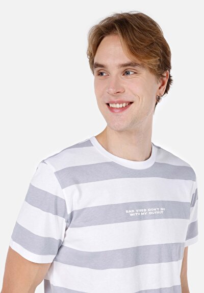 صورة من رقبة مستديرة مخطط رجالي رمادي كم قصير تي شيرت