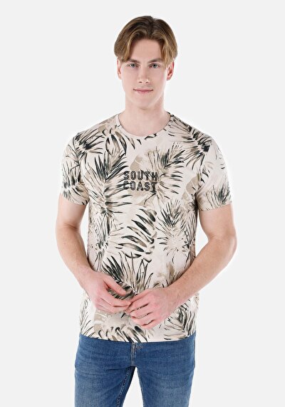 صورة من   رقبة مستديرة مطبوعة رجالي بيج كم قصير تي شيرت