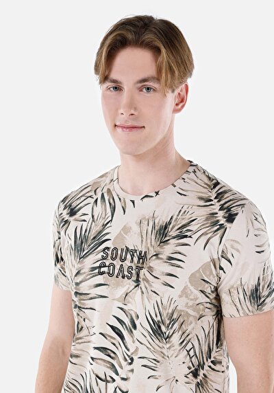 اعرض التفاصيل لـ   رقبة مستديرة مطبوعة رجالي بيج كم قصير تي شيرت