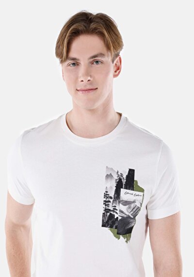 صورة من رقبة مستديرة مستقيم تي شيرت أبيض بأكمام قصيرة للرجال