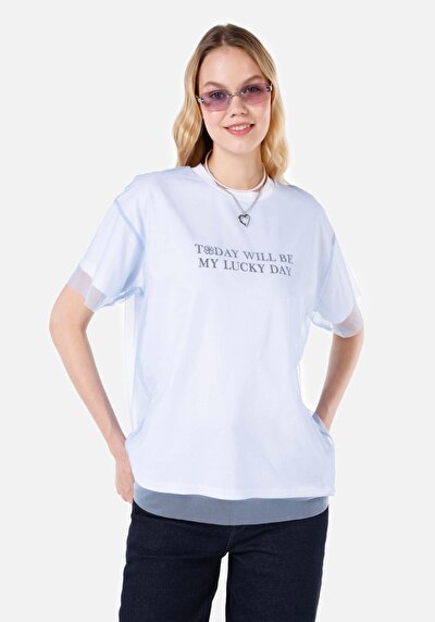 صورة من مريح  رقبة مستديرة نسائي أزرق كم قصير تي شيرت