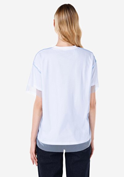 صورة من مريح رقبة مستديرة نسائي أزرق كم قصير تي شيرت